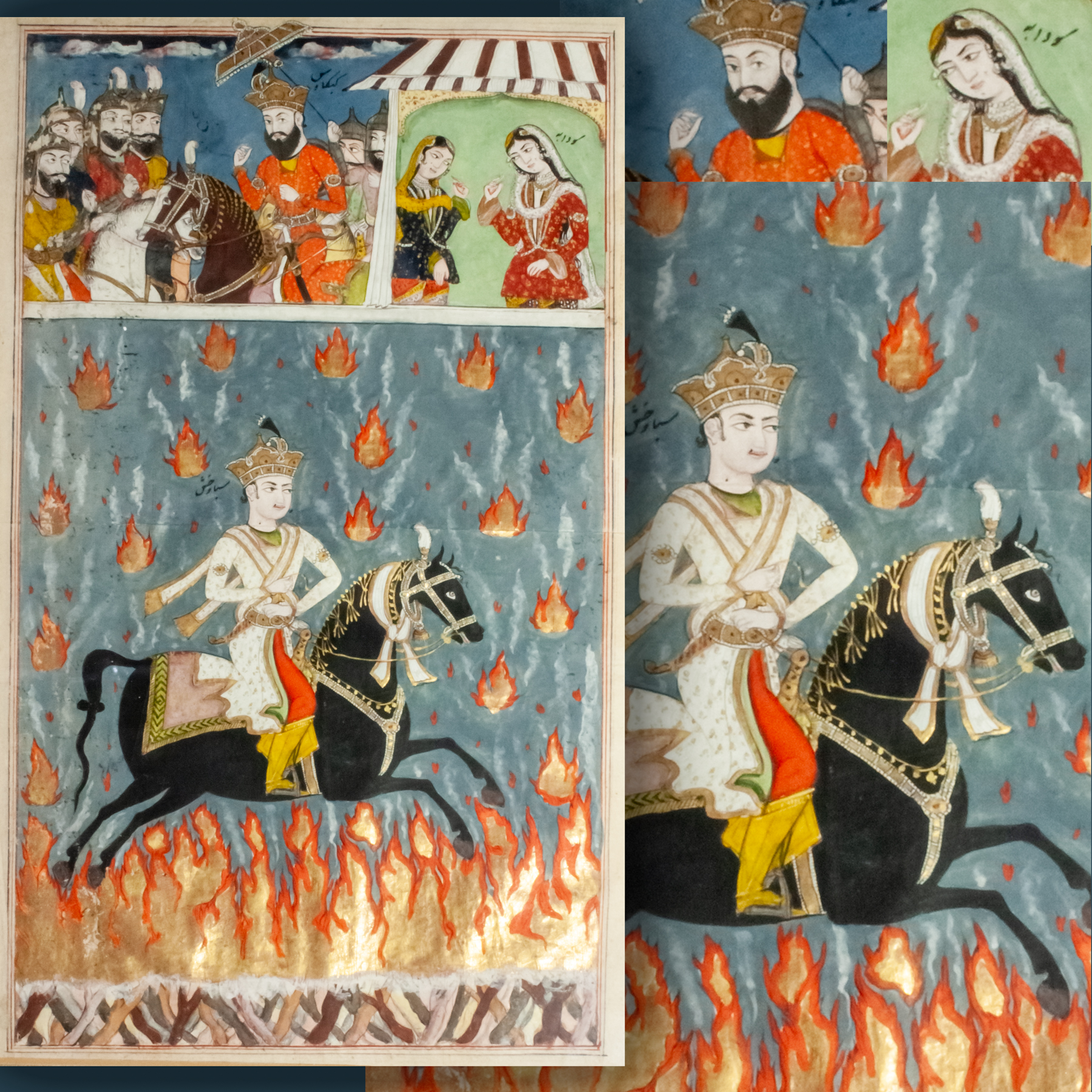 Kashmiri miniature painting, with enlarged details